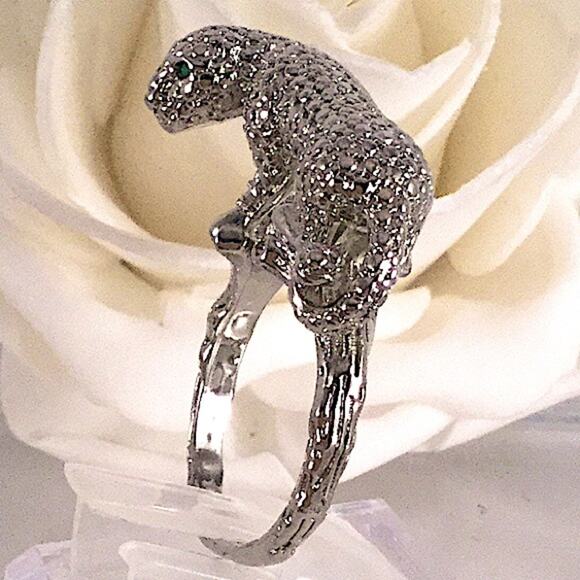 Vintage Sterling Silver Leopard Ring, Green Eyes Art Deco - Picture 5 of 12